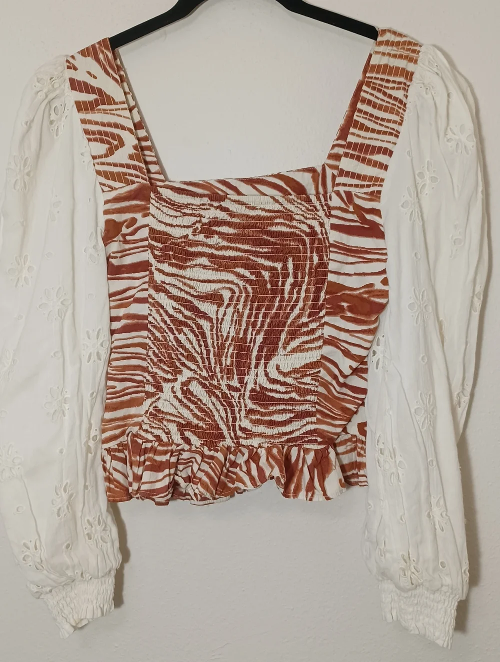 Anthropologie Love the Label Smocked Eyelet Puff Sleeve Blouse Zebra Print